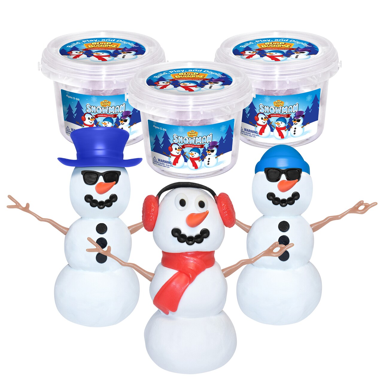 Build Buddiez: Snowman Craft Kit 3 Pack – Build-Play-Display, Customize 3 Putty Snowmen, Winter-Christmas-Holiday Parties, Stocking Stuffer, Kids 5+